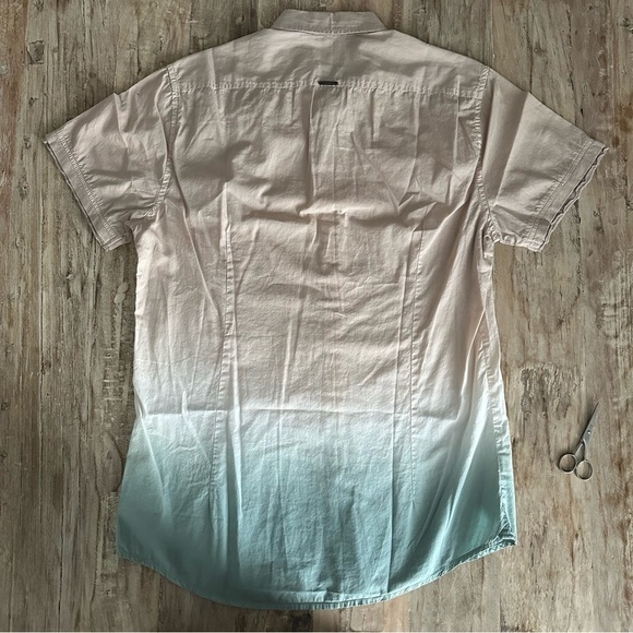 Antony Morato Tie Dye Button Down Shirt Small Tan Teal Ombré Lightweight Casual - Picture 7 of 7